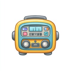 Fototapeta premium Cartoon illustration of a retro-style portable radio. A bright, mustard-yellow radio with teal accents. Features two large speaker grills, control panel with play/pause, volume, and tuning. 