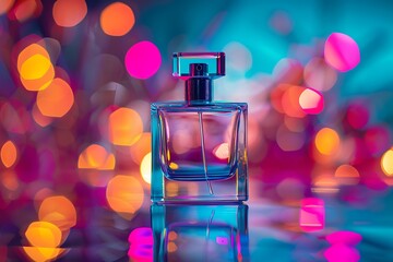 Elegant glass perfume bottle sparkles with vibrant bokeh lights, evoking luxury and allure for beauty campaigns