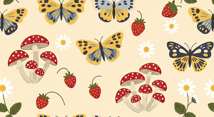 Cottagecore seamless pattern with butterflies, mushrooms, and strawberries.