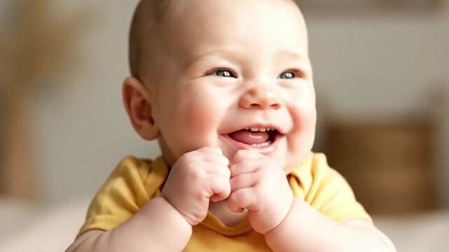 Baby smiling wearing yellow hands clenched showcasing an open mouth with several teeth soft skin set against a blurry neutral background