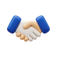 3D stylized handshake icon.  A cartoonish,  light-orange and light-blue handshake graphic,  simple,  stylized and three-dimensional on a white background