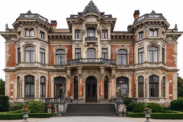 Obraz premium Stunning exterior of an ornate historical mansion featuring intricate architectural details, lush greenery, and a refined entrance. Perfect for luxury real estate.