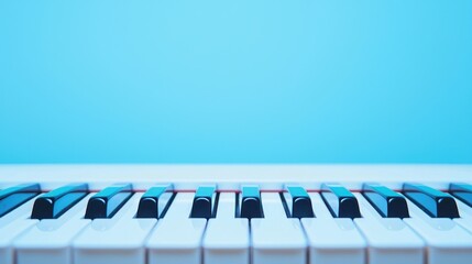 A close-up of a white piano keyboard with black keys against a blue background.