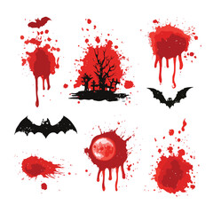 Halloween Blood Splatter isolated in White background, silhouette Set, Halloween theme, Vector illustration