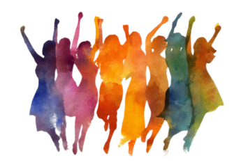 Colorful Watercolor Silhouettes of Dancing Women Celebrating Joyful Movement