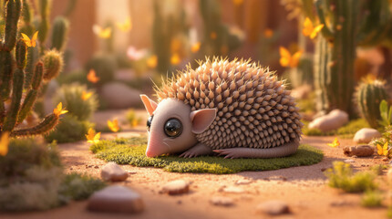 Obraz premium Adorable Spiky Desert Creature with Big Eyes Resting on Moss in a Whimsical Cactus Garden with Yellow Butterflies