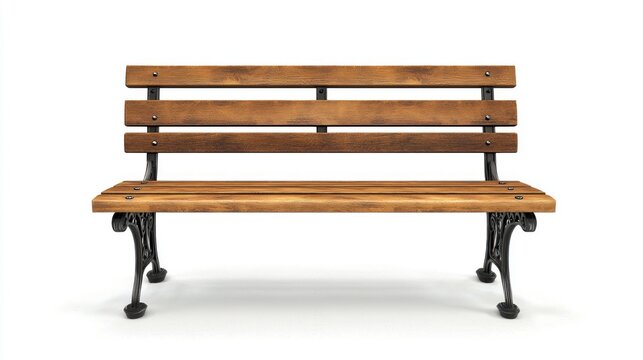 A wooden bench with a wooden backrest and seat, placed against a white background.