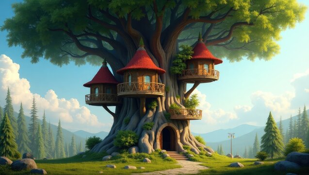 Enchanting treehouse nestled in a serene mountain landscape. - Powered by Adobe