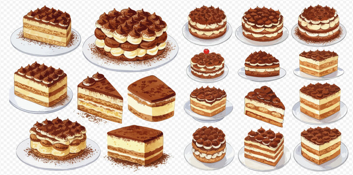 A collection of delicious tiramisu cakes and slices, presented in various sizes and angles, showcasing the layered dessert's texture and rich cocoa topping.
