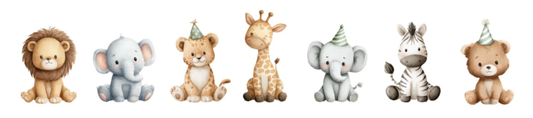 Baby jungle animals with birthday hats and cake. Cute Watercolor safari animals clipart. Vector PNG illustration. Vector clip art elements, ready to print. Perfect for banners, decoration, patterns.