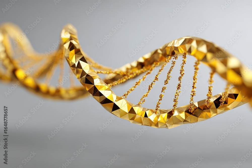 Poster intricate golden dna helix model with geometric design showcasing complex structure in a modern scie