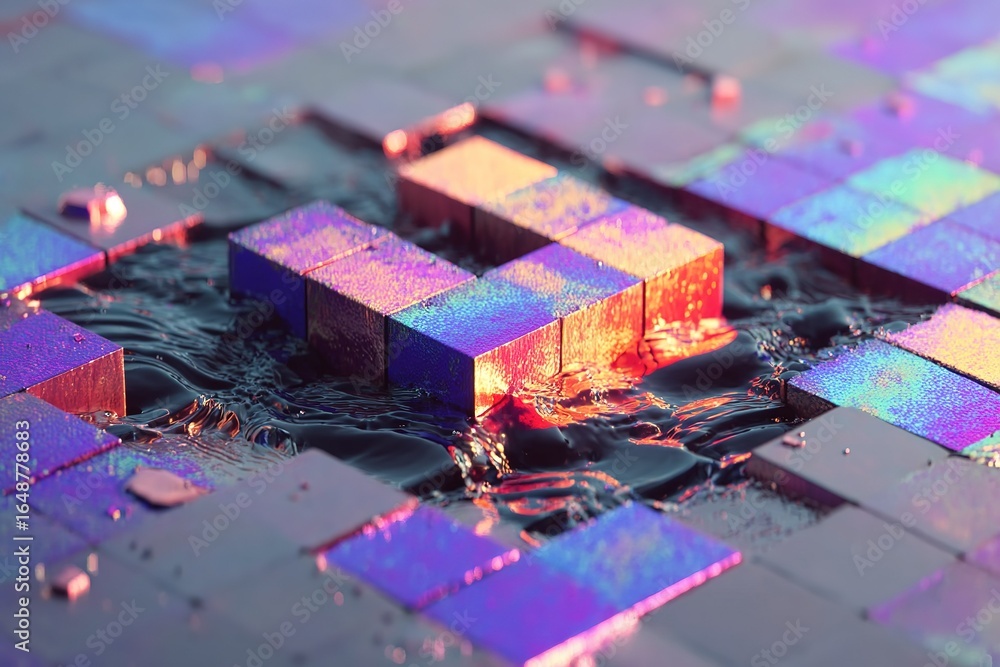Poster abstract colorful blocks floating above liquid surface in digital art creation