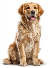Fototapeta premium A beautiful golden retriever sits patiently, showcasing its fluffy, light-brown fur and expressive eyes, with a friendly, open-mouthed expression, against a clean, white background.