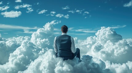 Fototapeta premium A man in a suit sitting on a cloud in the sky.
