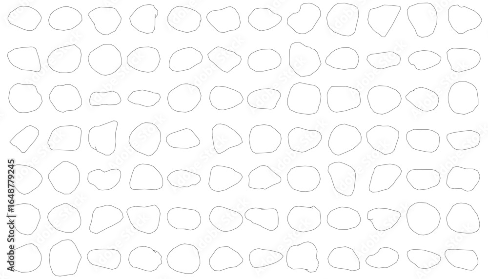 Poster a black and white contour drawing of rocks arranged in a grid pattern, featuring circles of varying 
