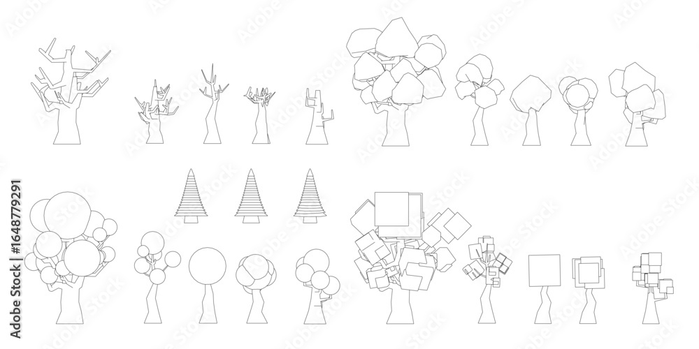 Poster low poly tree pack features detailed contour line drawings of various tree types on a white backgrou