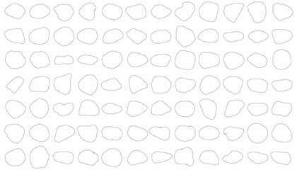 A black and white contour drawing of rocks arranged in a grid pattern, featuring circles of varying shapes and sizes. The minimalist design creates an abstract geometric texture on a clean white.