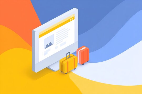 Travel planning with online services supported by digital gear and luggage in colorful design