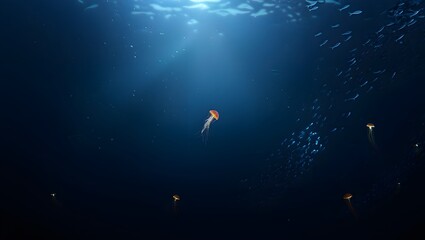 Serene Deep Sea Scene:  Orange Jellyfish, Fish School, Dark Blue Ocean, Underwater Life, Dramatic Lighting.