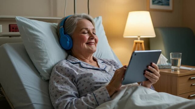 Senior woman using a digital tablet with headphones while recovering in a hospital bed