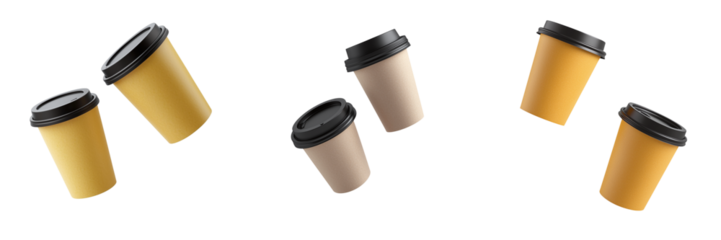 Set of falling paper cups of coffee mockup isolated on transparent background PNG