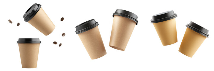 Set of falling paper cups of coffee mockup isolated on transparent background PNG