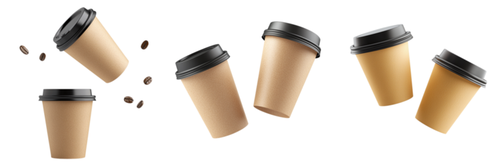 Set of falling paper cups of coffee mockup isolated on transparent background PNG