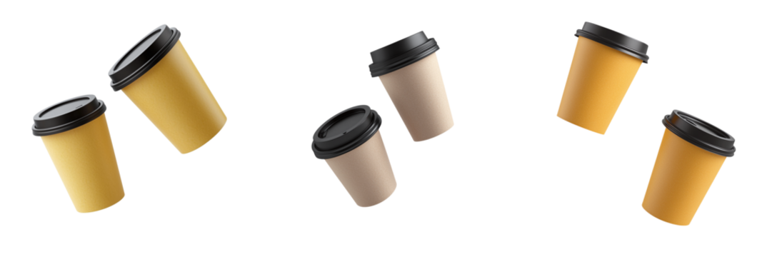 Set of falling paper cups of coffee mockup isolated on transparent background PNG