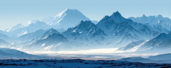 Fototapeta premium Vast snowy mountain range bathed in pale blue light
