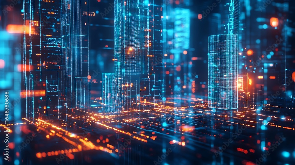 Aufkleber futuristic cyberpunk city illustration displaying digital information flow and data processing in a 