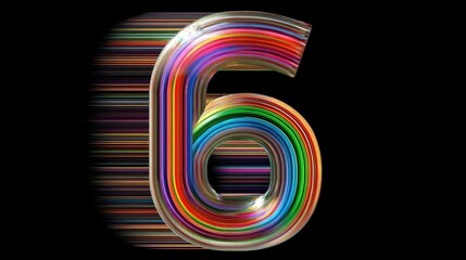 Vibrant, colorful number six design with multicolored stripes and a glossy, dynamic effect on a black background