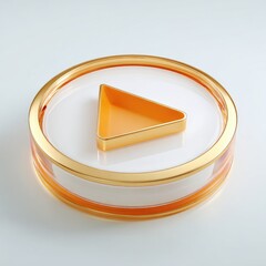 Play button icon, 3D render, gold accents, white background.  A round, white button with a gold border and a hollow, orange triangle play icon in the center.  