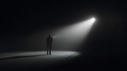 Person standing in a dark space illuminated by a spotlight.