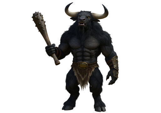Powerful minotaur warrior with spiked club and armored gauntlets in dark settings