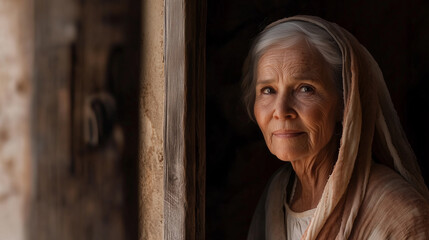 Elizabeth, an elderly woman with a gentle yet joyful expression, her ancient Israelite linen dress draped softly