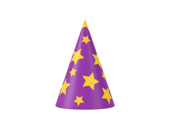 Purple party hat decorated with bright yellow stars against a black background for celebration and