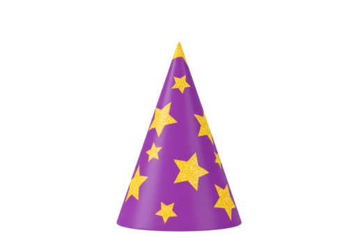 Purple party hat decorated with bright yellow stars against a black background for celebration and
