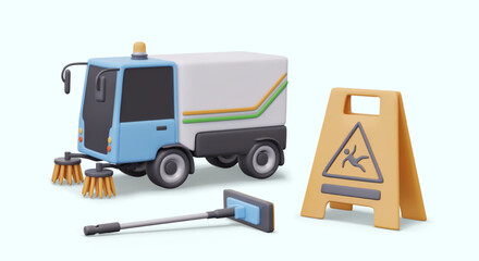 Concept of professional cleaning. Cleaning of large areas. Realistic vehicle vacuum cleaner, sign of slippery floor, mop. Vector creative composition on colored background