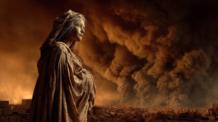 Lot's wife, a figure turning into a pillar of salt, her ancient Canaanite robes crystalline and rigid, face captured in a horrified and disobedient glance backward towards the burning cities of Sodom 