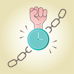 Minimalist vector illustration of a fist breaking free from chains with a clock as a shackle, symbolizing time freedom, work-life balance, productivity, and liberation from time constraints.