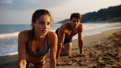 Coastal fitness: A fit couple engages in a beach workout under the golden sunlight, demonstrating strength, determination, and the beauty of outdoor exercise. - Powered by Adobe