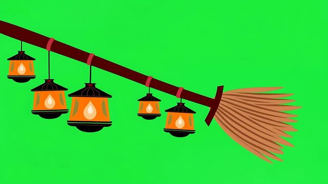 Magical Broom with Hanging Lanterns on Green Screen