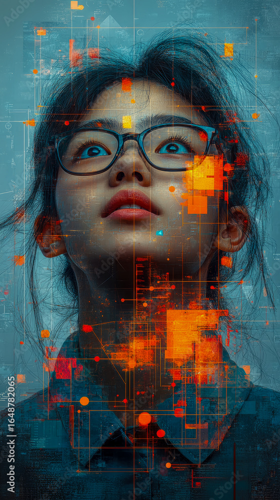 Aufkleber captivating portrait of visionary mind intertwined with dynamic digital data streams, reflecting tec