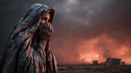 Lot's wife, a figure turning into a pillar of salt, her ancient Canaanite robes crystalline and rigid, face captured in a horrified and disobedient glance backward towards the burning cities of Sodom 