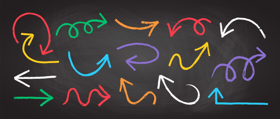 Chalk or charcoal rustic dirty grunge doodle line arrow vector illustration set. Hand drawn bold charcoal or crayon curve rough doodle arrow design element collection.