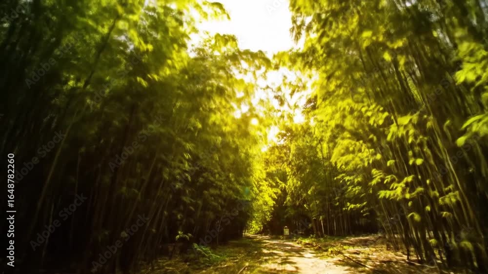 Aufkleber lush green bamboo forest with bright sunlight filtering through the canopy creating a serene and tra