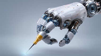 Futuristic and Medical research concept, Futuristic robotic hand holding a syringe for advanced technology applications.