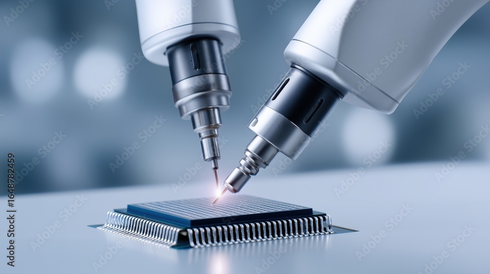 Poster futuristic and medical research concept, advanced robotic assembly of a microchip in a high-tech env