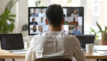 A candid shot of a person participating in a virtual business meeting from home, Multicultural Remote Team in Video Conference Meeting