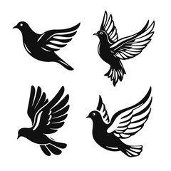 Fototapeta premium Flying bird silhouettes, dove vector icons, peaceful pigeon artwork, black white bird illustration, decorative avian design